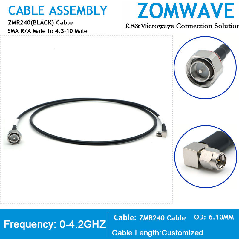 SMA Male R/A to 4.3-10 Male, ZMR240(LMR240 Alternative) Cable Assembly, 4.2GHZ