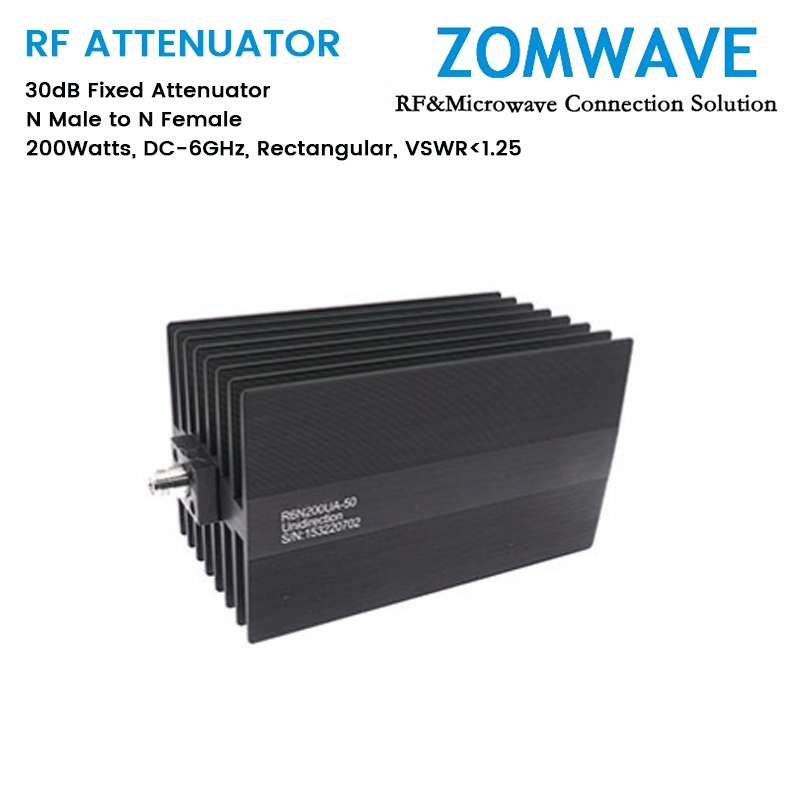 30dB Fixed Attenuator,N Male to N Female,200Watts,DC-6GHz, Rectangular,VSWR<1.25